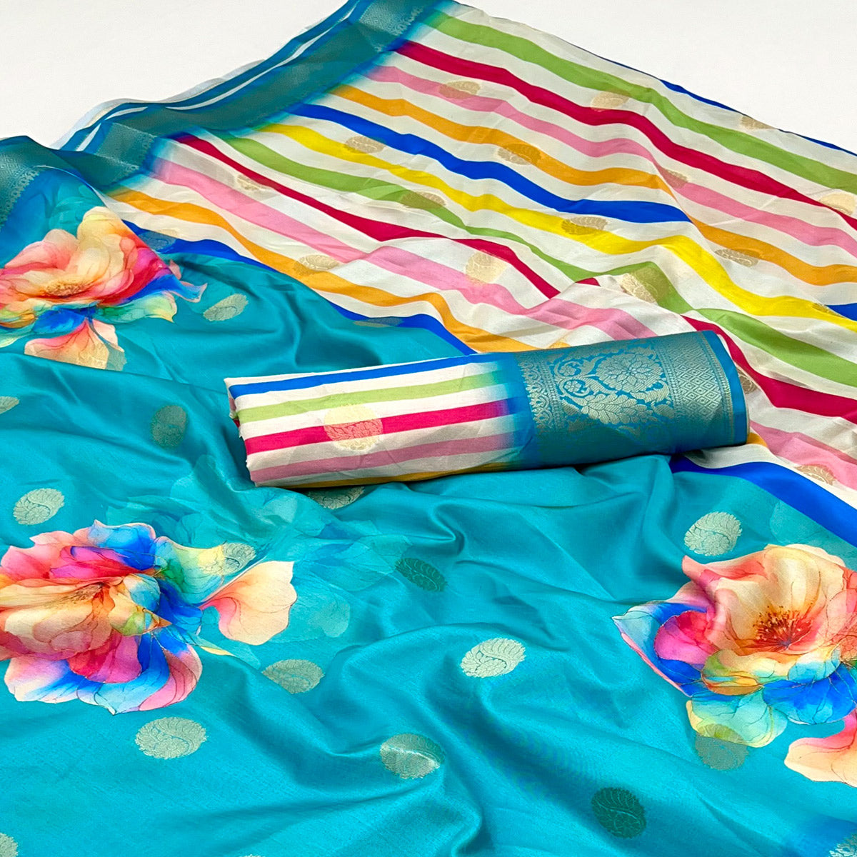 Teal Floral Patterned Smooth Dola Silken Drape Featuring Zari Border