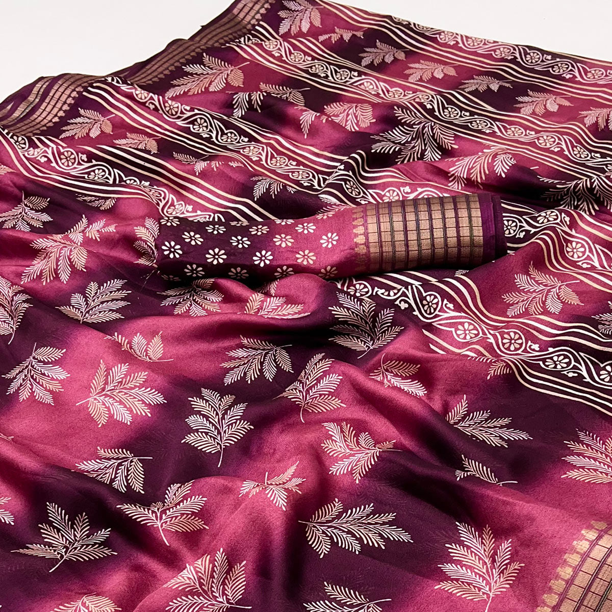 Wine Floral Printed Georgette Saree Featuring Weaving Border Design