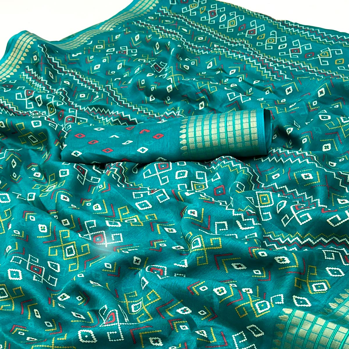 Teal Geometric Patterned Georgette Drape Featuring Zari Border