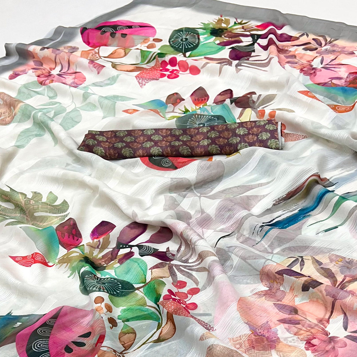 White Digital Floral Adorned with Artistic Prints Georgette Elegant Drape