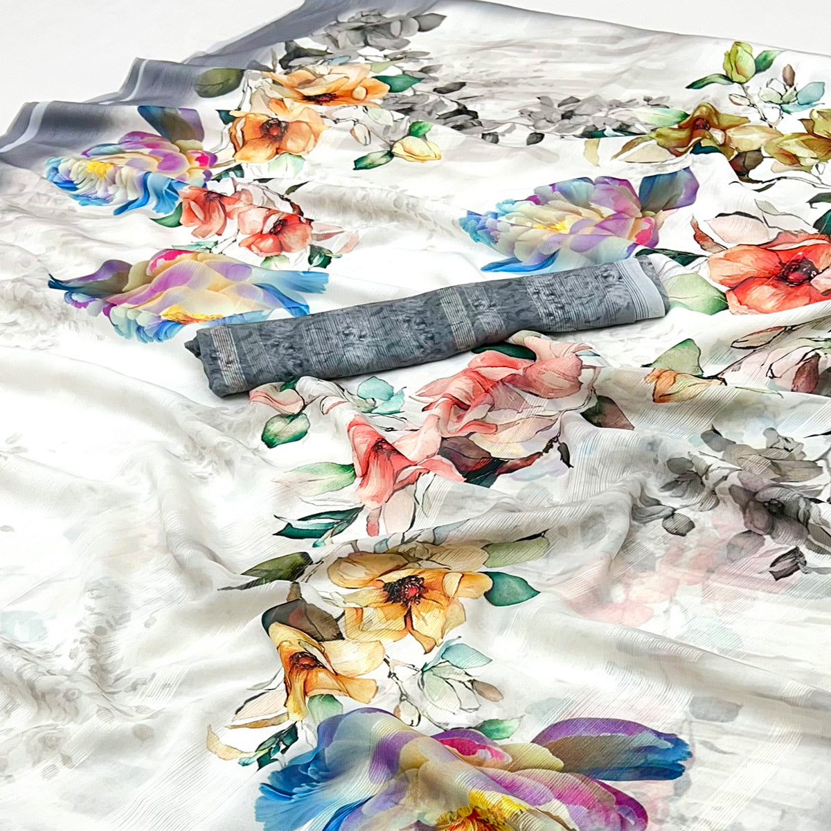 White Digital Floral Adorned with Artistic Prints Georgette Elegant Drape