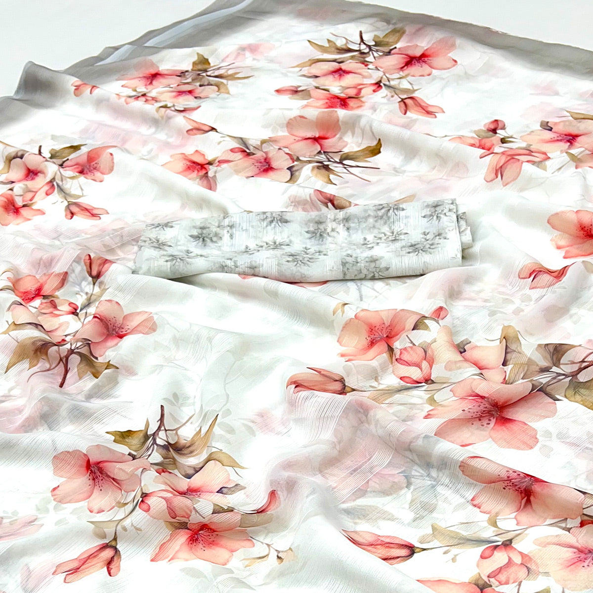 White Digital Floral Adorned with Artistic Prints Georgette Elegant Drape