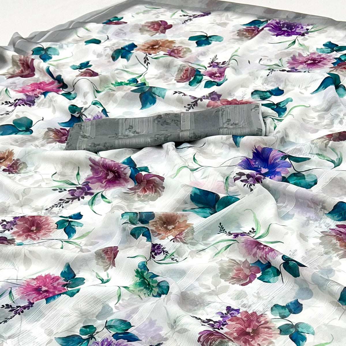 White Digital Floral Adorned with Artistic Prints Georgette Elegant Drape