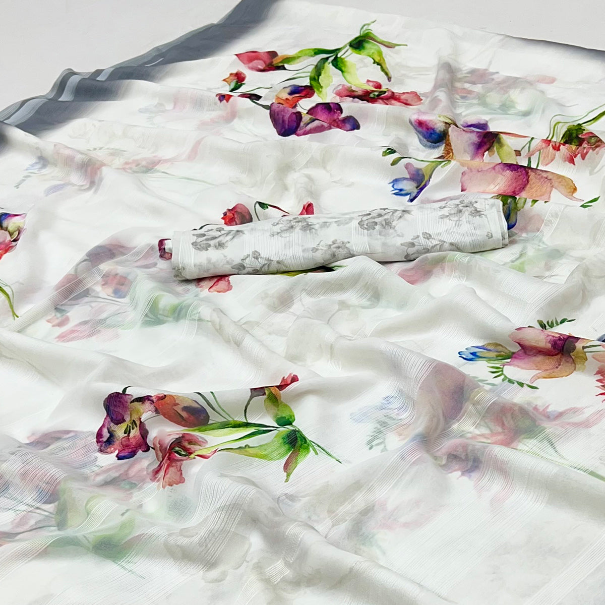 White Digital Floral Adorned with Artistic Prints Georgette Elegant Drape