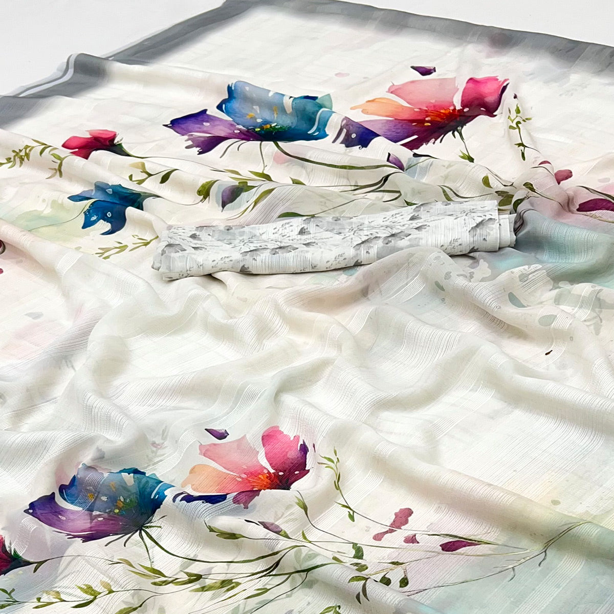 White Digital Floral Adorned with Artistic Prints Georgette Elegant Drape