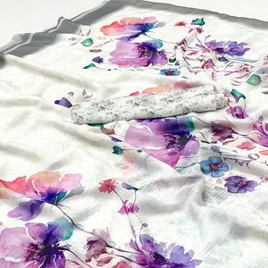 White Digital Floral Adorned with Artistic Prints Georgette Elegant Drape