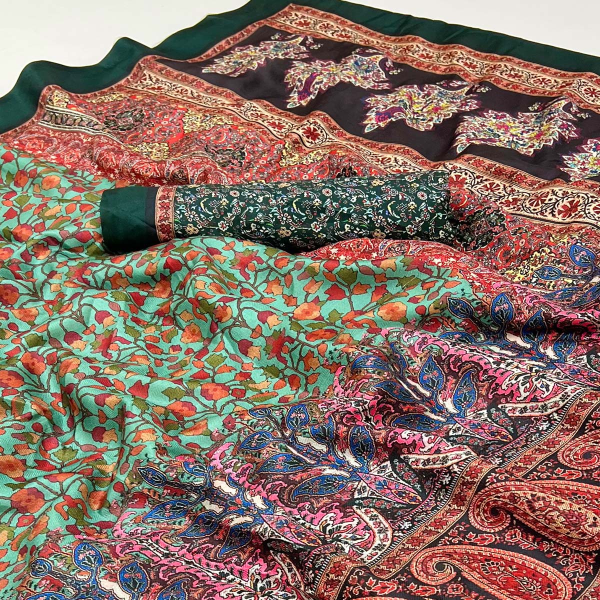 Mint Green Digital Floral Adorned with Artistic Prints Pashmina Elegant Drape