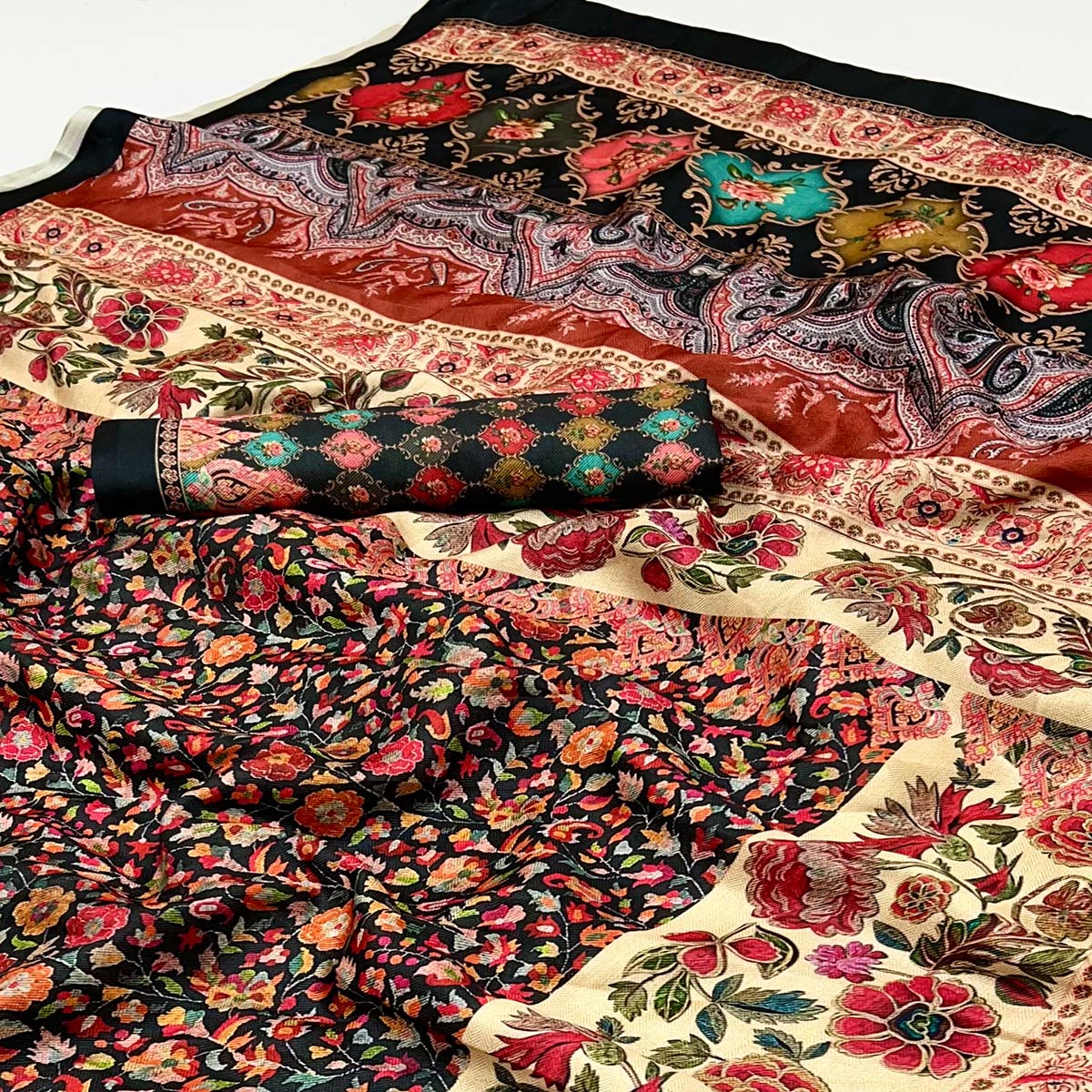 Black Digital Floral Adorned with Artistic Prints Pashmina Elegant Drape