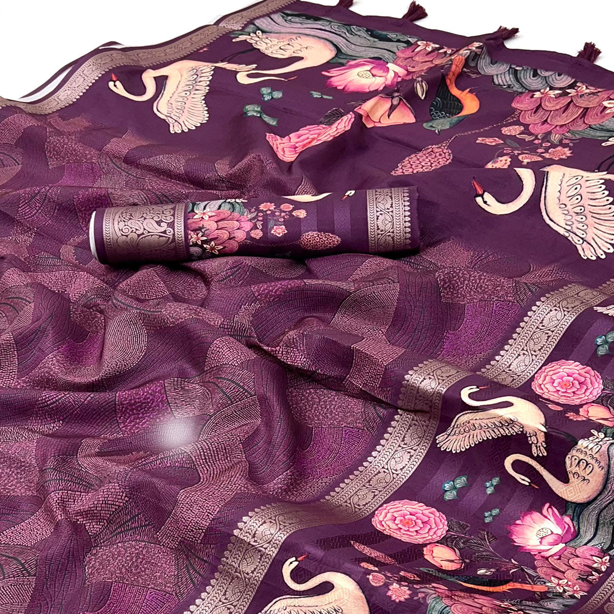 Wine Digital Patterned Smooth Cotton Silken Drape Featuring Zari Border