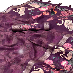 Wine Digital Patterned Smooth Cotton Silken Drape Featuring Zari Border