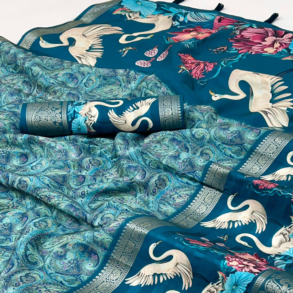 Teal Digital Patterned Smooth Cotton Silken Drape Featuring Zari Border