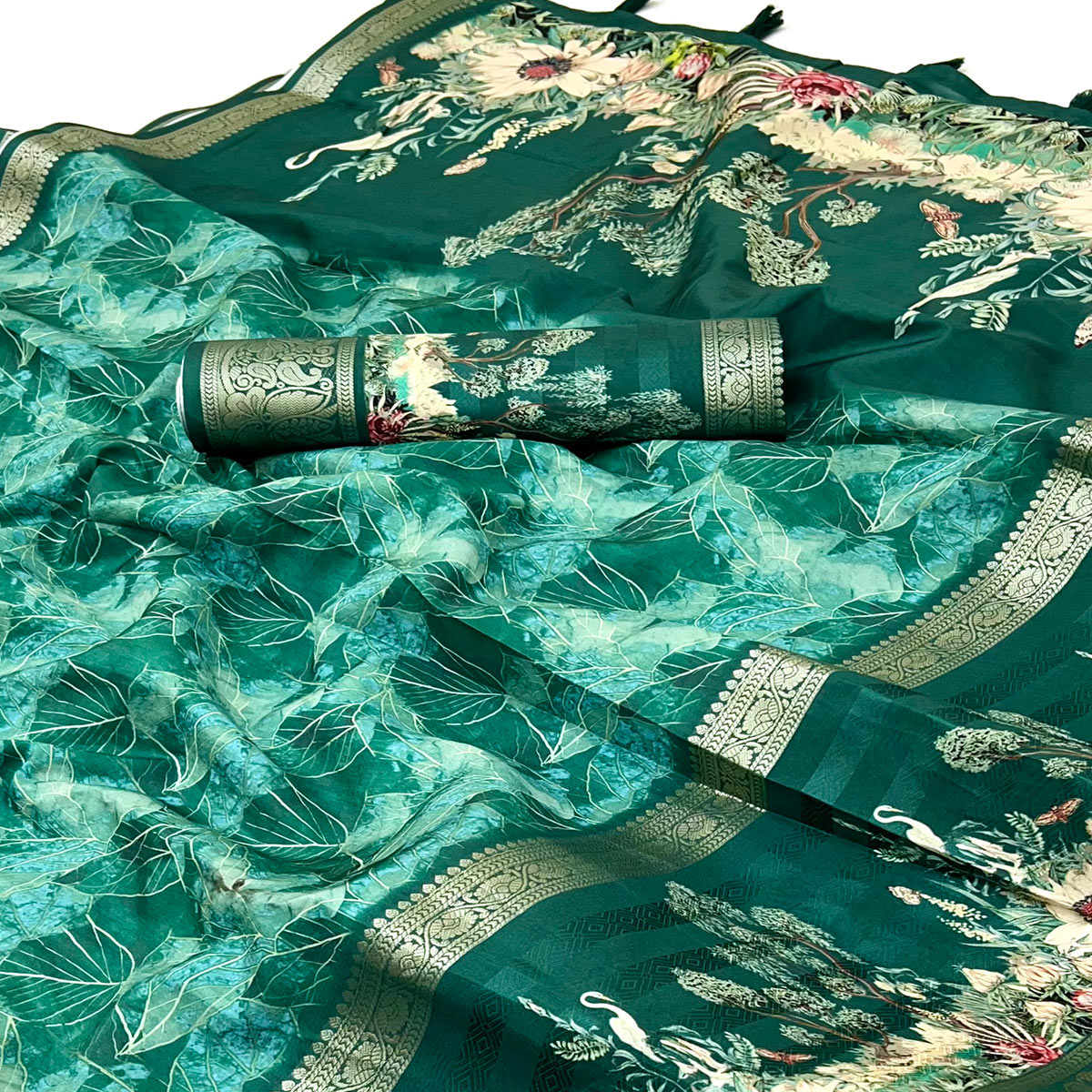 Teal Green Digital Patterned Smooth Cotton Silken Drape Featuring Zari Border