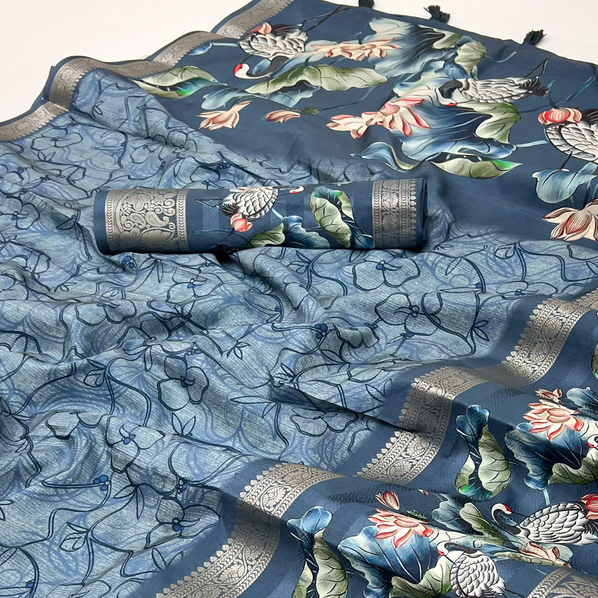 Dusty Blue Digital Patterned Smooth Cotton Silken Drape Featuring Zari Border