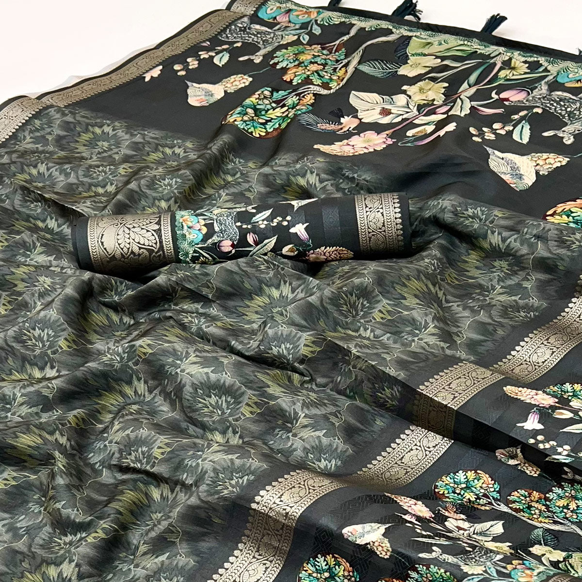 Black Digital Patterned Smooth Cotton Silken Drape Featuring Zari Border