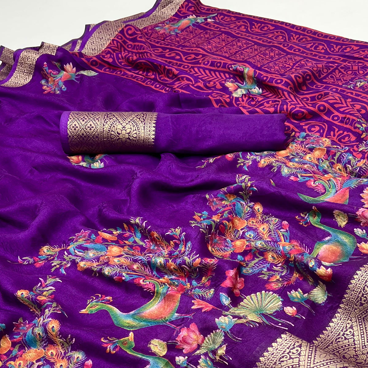 Violet Peacock Patterned Smooth Georgette Drape Featuring Zari Border
