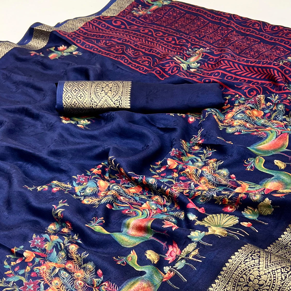 Blue Peacock Patterned Smooth Georgette Drape Featuring Zari Border