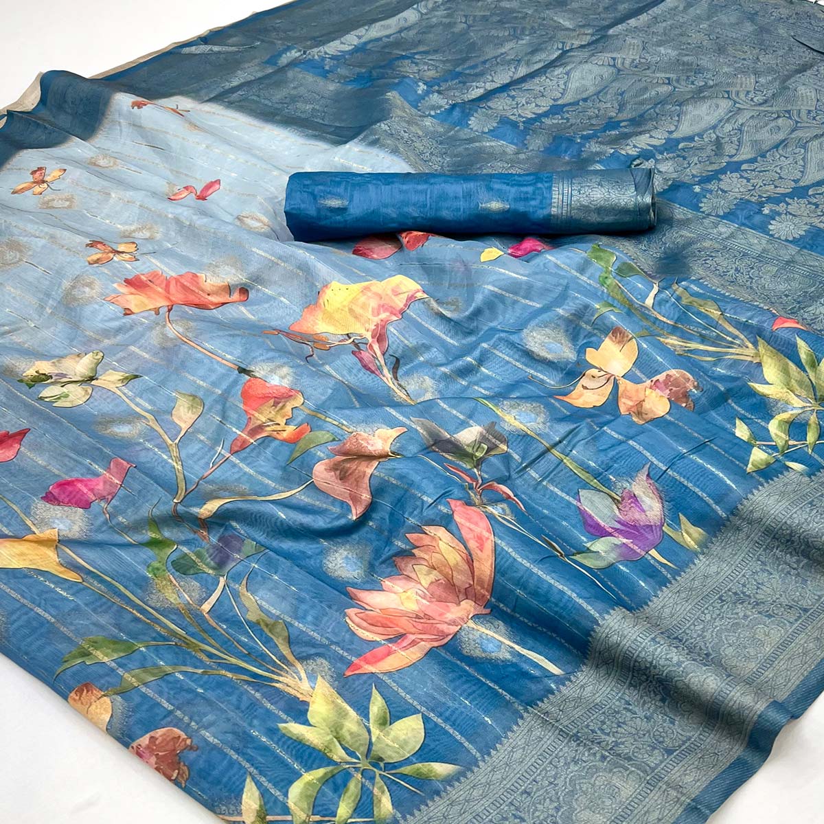 Classic Blue Floral Weaving & Digital Print Silk Blend Saree Accented With Tassel Pallu