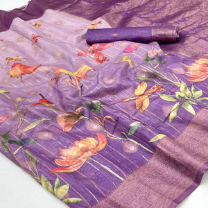 Classic Purple Floral Weaving & Digital Print Silk Blend Saree Accented With Tassel Pallu