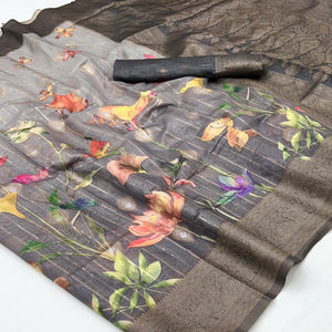 Classic Grey Floral Weaving & Digital Print Silk Blend Saree Accented With Tassel Pallu