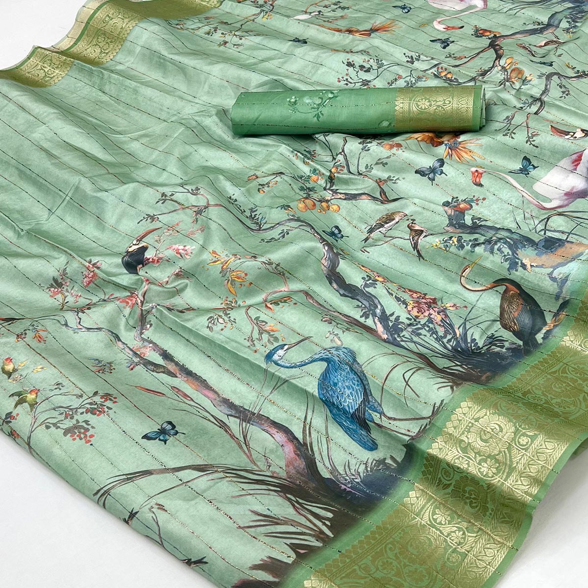 Majestic Green Silk Blend Saree With Weaving Accents & Floral-Bird Digital Print Elegance