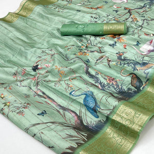 Majestic Green Silk Blend Saree With Weaving Accents & Floral-Bird Digital Print Elegance