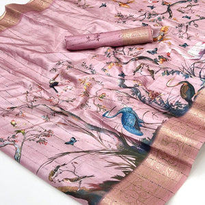 Majestic Pink Silk Blend Saree With Weaving Accents & Floral-Bird Digital Print Elegance