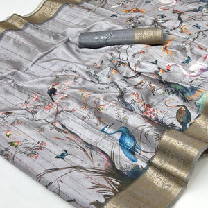 Majestic Grey Silk Blend Saree With Weaving Accents & Floral-Bird Digital Print Elegance