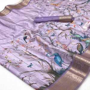 Majestic Lavender Silk Blend Saree With Weaving Accents & Floral-Bird Digital Print Elegance