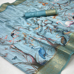 Majestic Blue Silk Blend Saree With Weaving Accents & Floral-Bird Digital Print Elegance