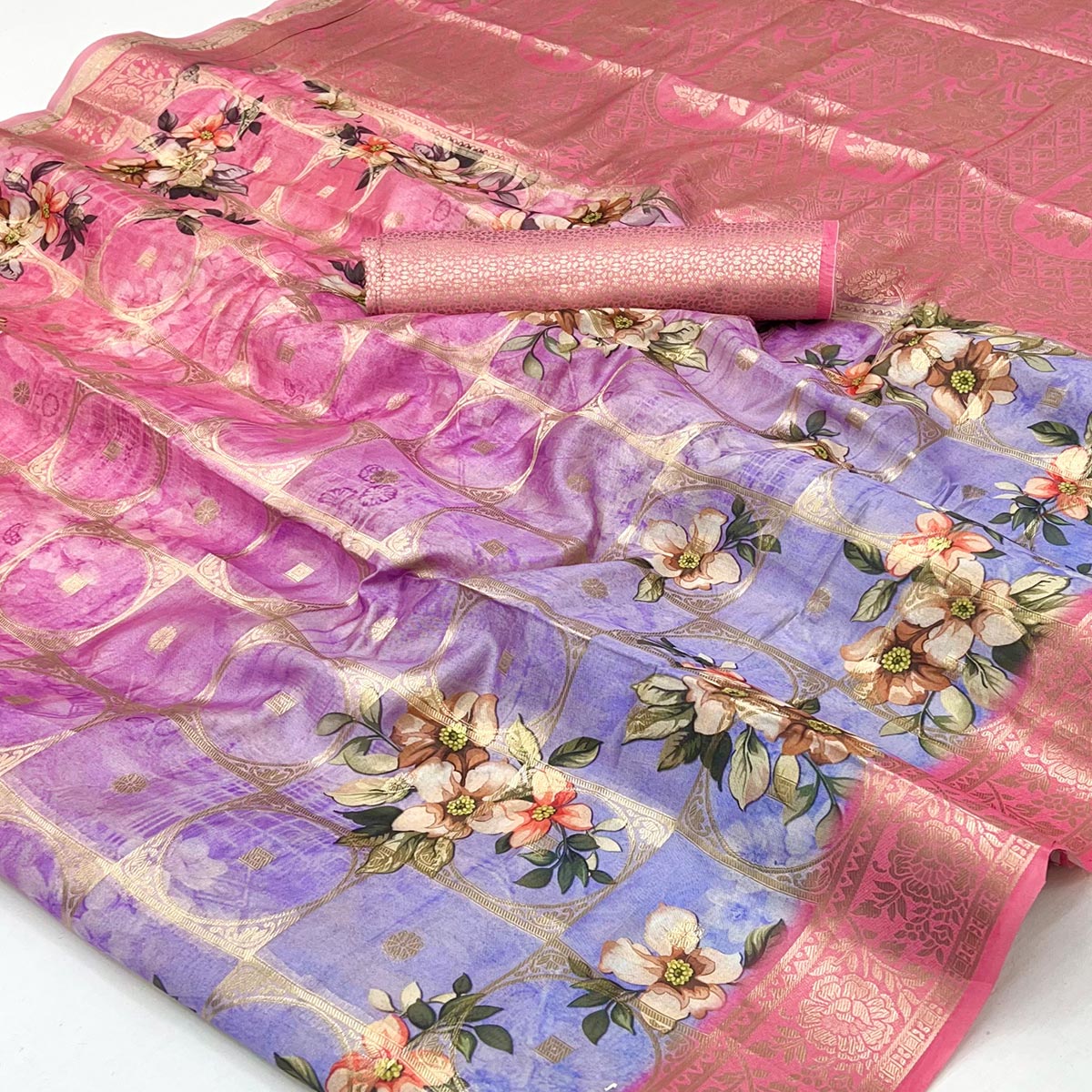 Charming Pink & Lavender Floral Zari Weaving Silk Blend Saree With Digital Printed