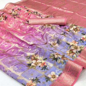 Charming Pink & Lavender Floral Zari Weaving Silk Blend Saree With Digital Printed