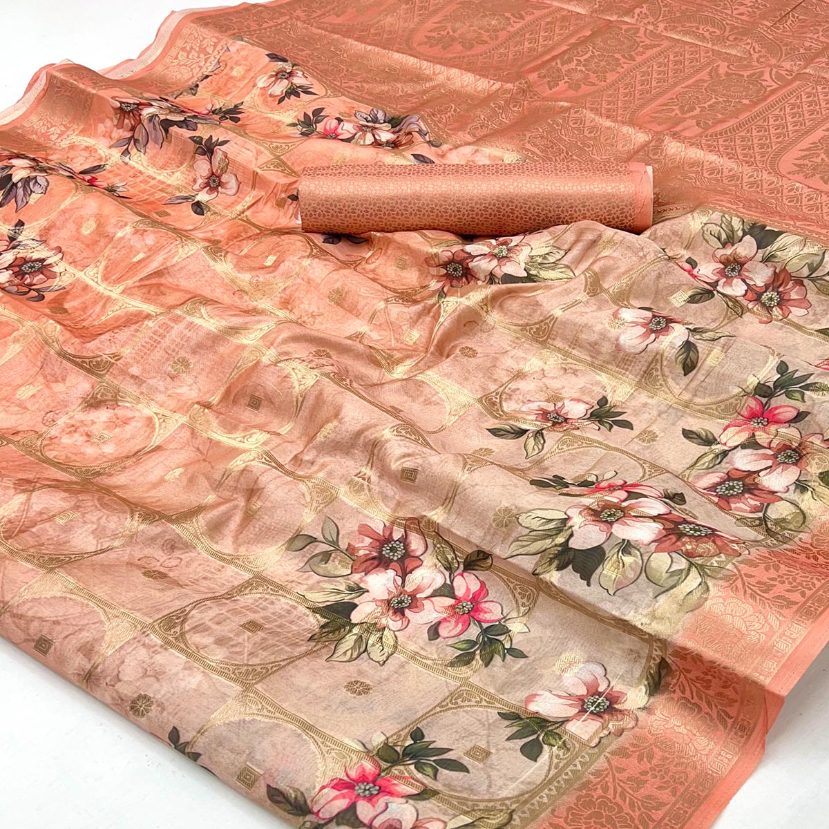 Charming Light Peach Floral Zari Weaving Silk Blend Saree With Digital Printed