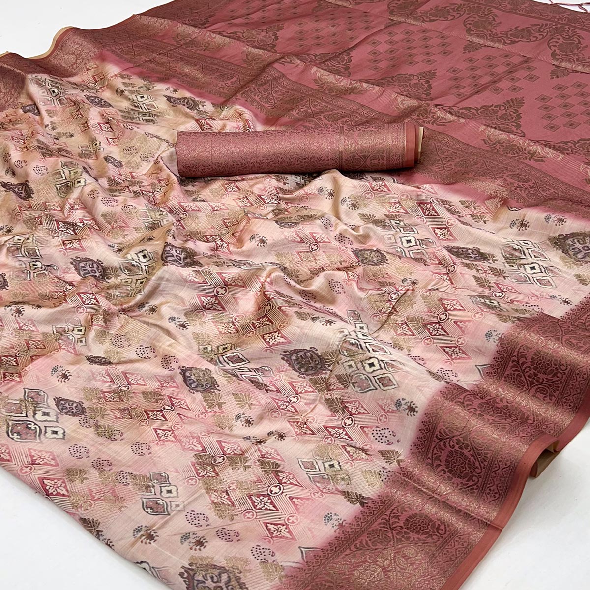Stylish Dark Peach Silk Blend Saree Featuring Floral Zari Weaving & Digital Print