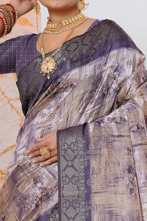 Premium Lavender Woven & Digitally Printed Silk Saree with Stylish Tassel Pallu