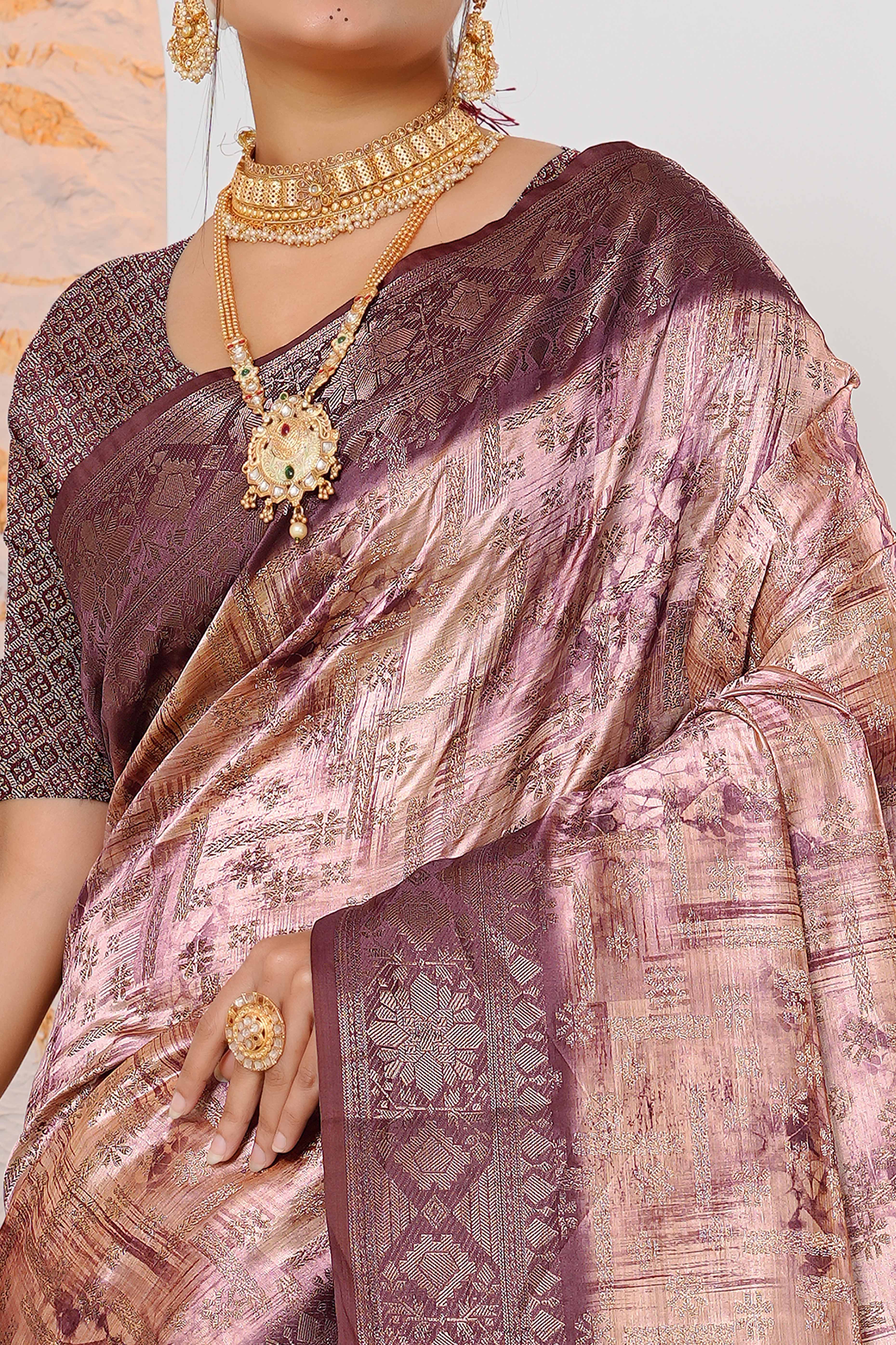 Premium Peach Woven & Digitally Printed Silk Saree with Stylish Tassel Pallu