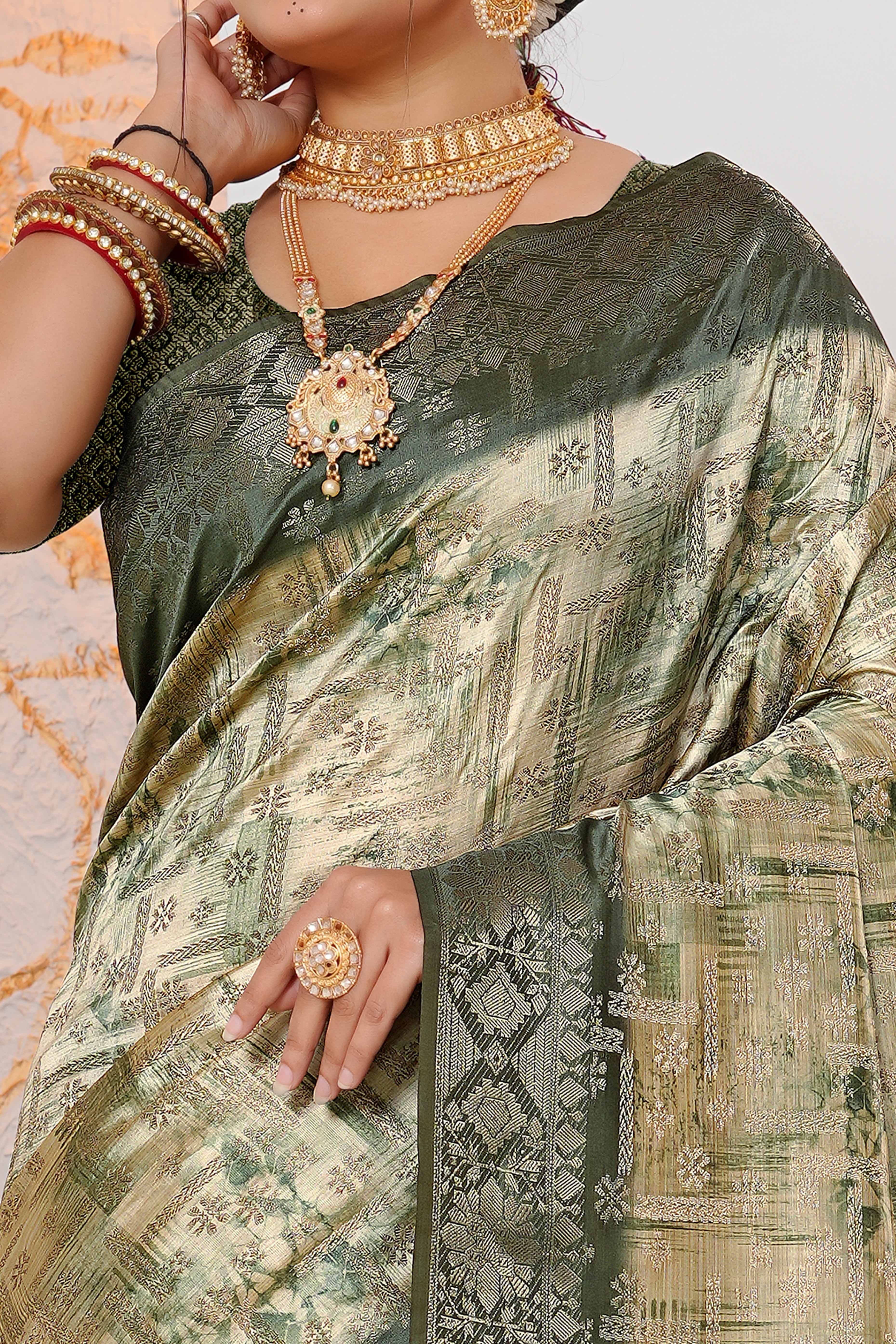 Premium Green Woven & Digitally Printed Silk Saree with Stylish Tassel Pallu