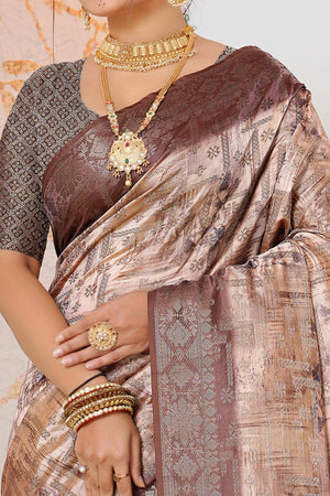 Premium Brown Woven & Digitally Printed Silk Saree with Stylish Tassel Pallu
