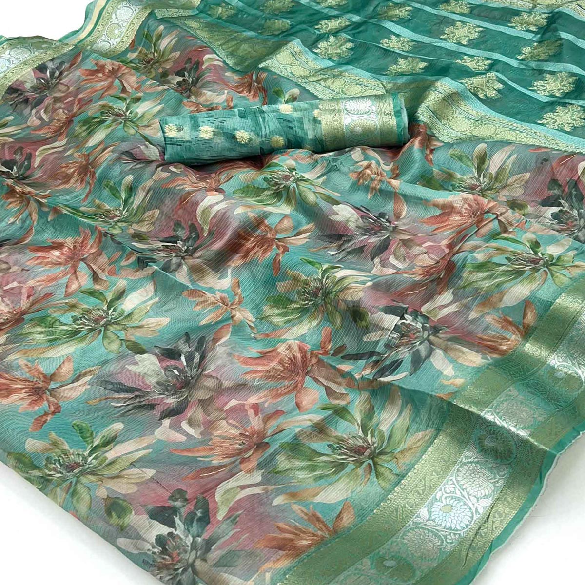 Graceful Rama Green Floral Zari Woven Silk Blend Saree With Digital Prints