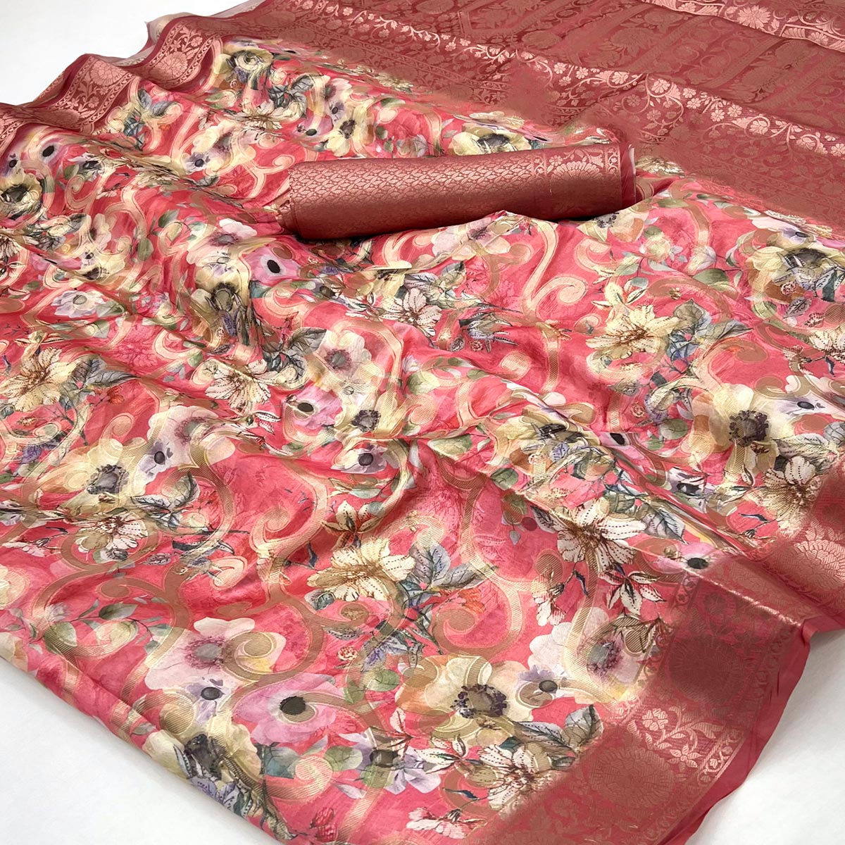 Stylish Gajari Pink Floral Woven & Digital Printed Silk Blend Saree With Tassel Pallu