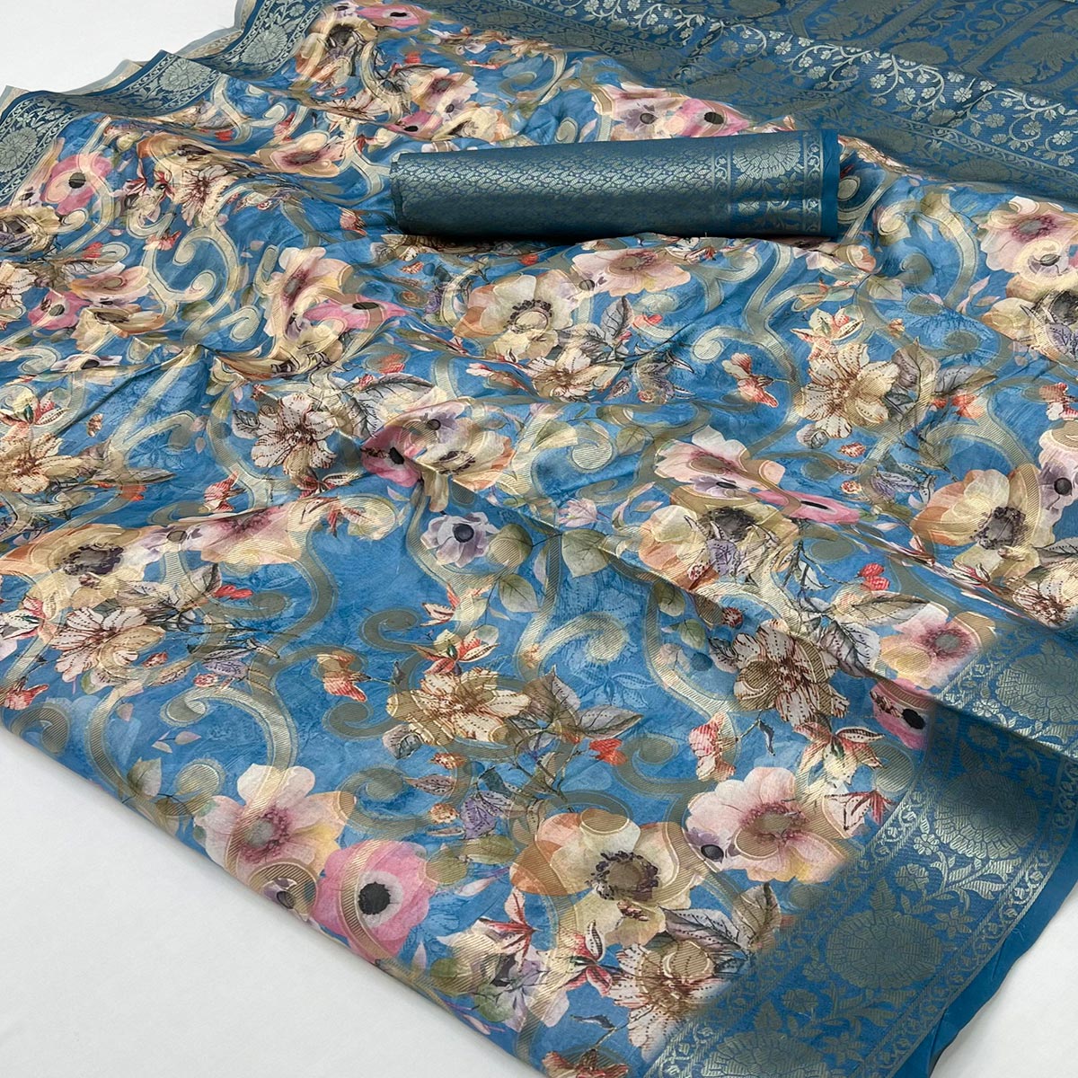 Stylish Blue Floral Woven & Digital Printed Silk Blend Saree With Tassel Pallu