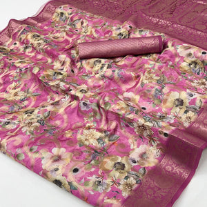 Stylish Rani Pink Floral Woven & Digital Printed Silk Blend Saree With Tassel Pallu