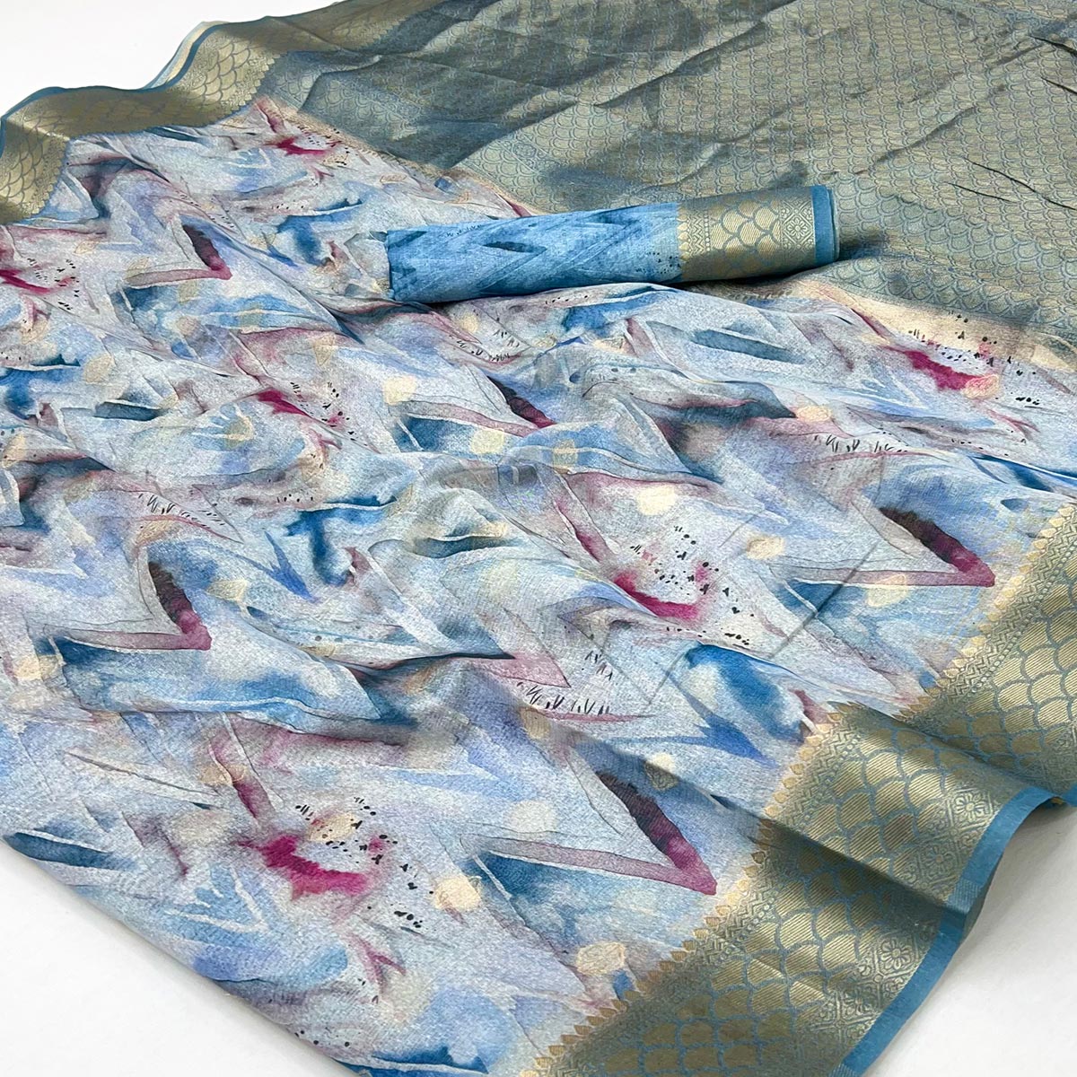 Elegant Blue Silk Blend Saree With Zig-Zag Digital Print & Weaving Work