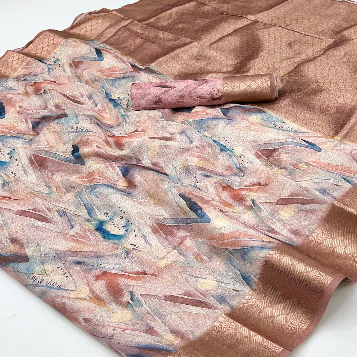 Elegant Peach Silk Blend Saree With Zig-Zag Digital Print & Weaving Work