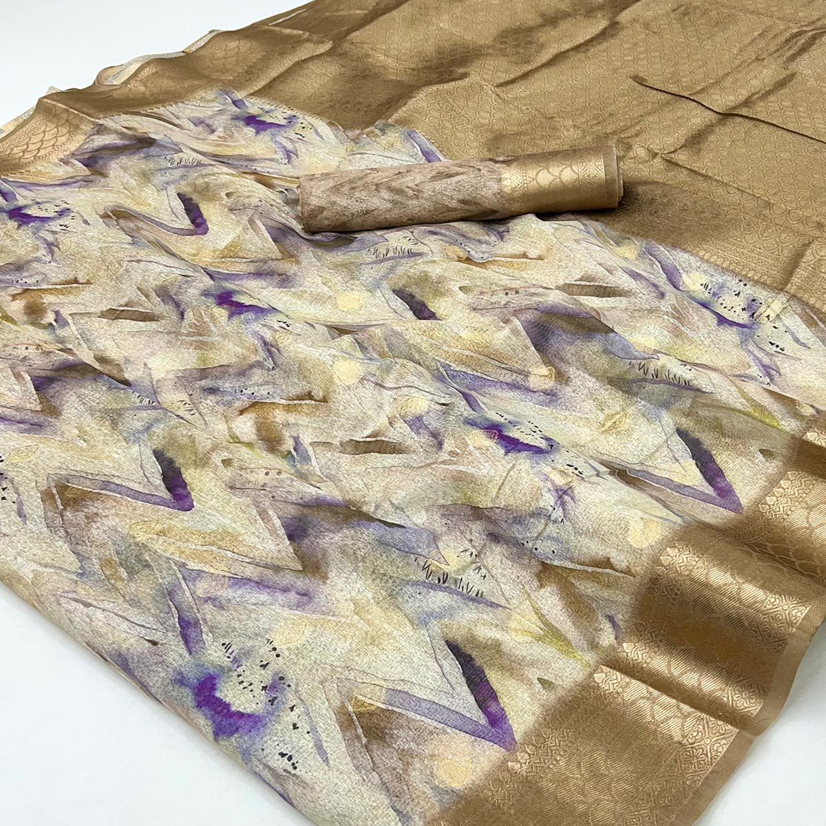 Elegant Chikoo Silk Blend Saree With Zig-Zag Digital Print & Weaving Work