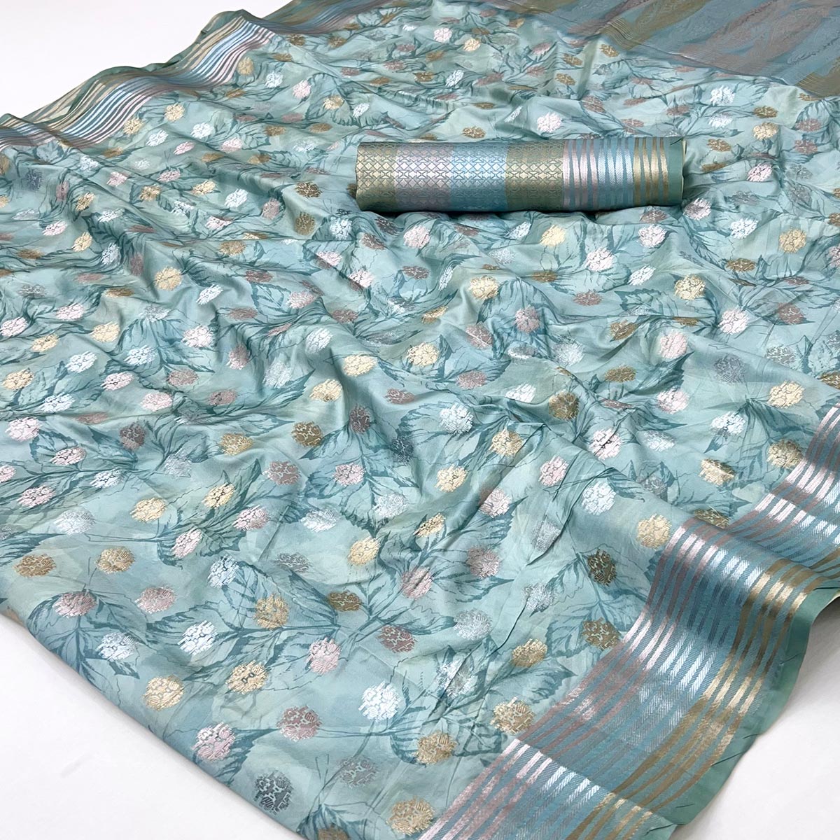 Dusty Turquoise Floral Motif Weaving & Artistic Digital Printed Silk Blend Saree With Tassel Pallu