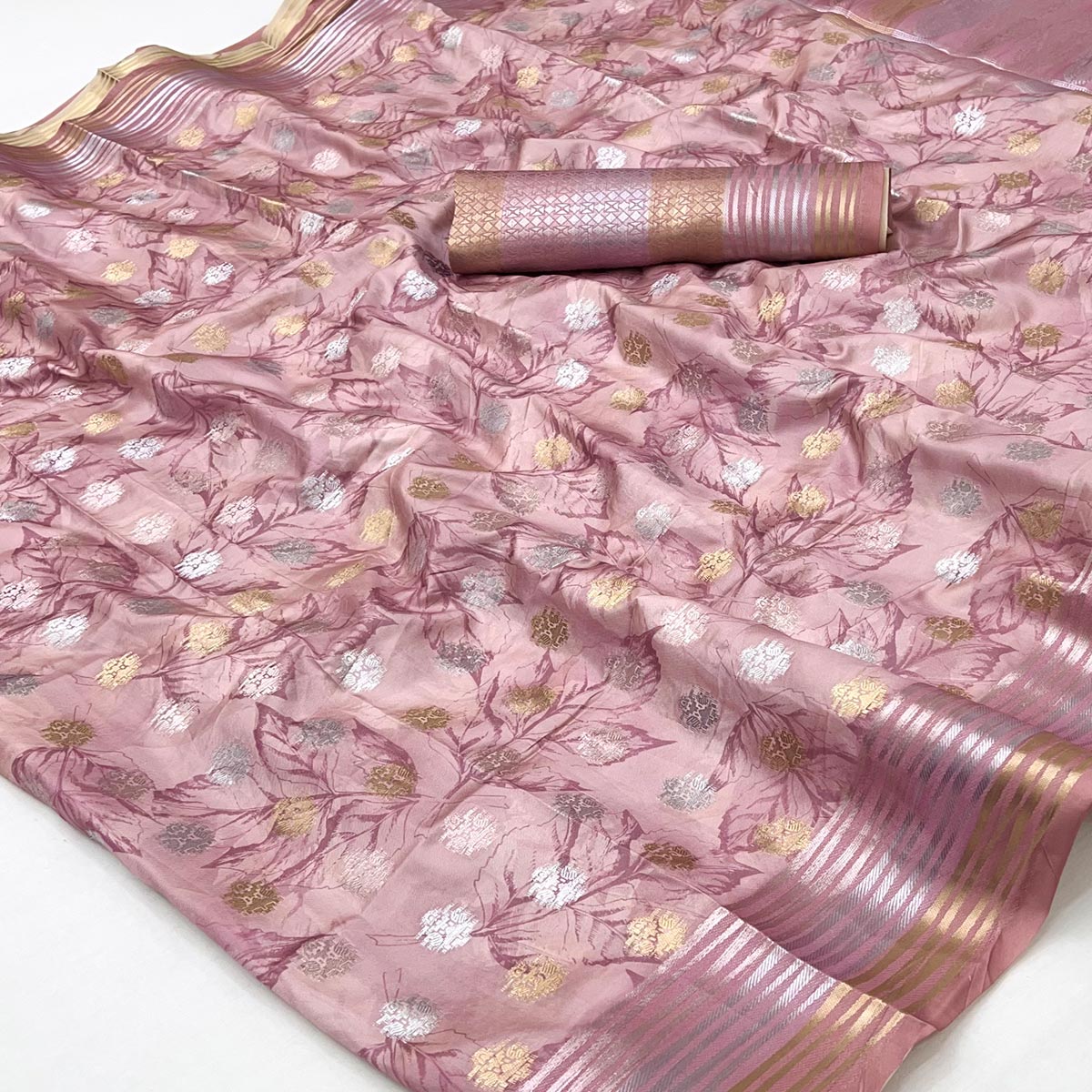 Dusty Pink Floral Motif Weaving & Artistic Digital Printed Silk Blend Saree With Tassel Pallu