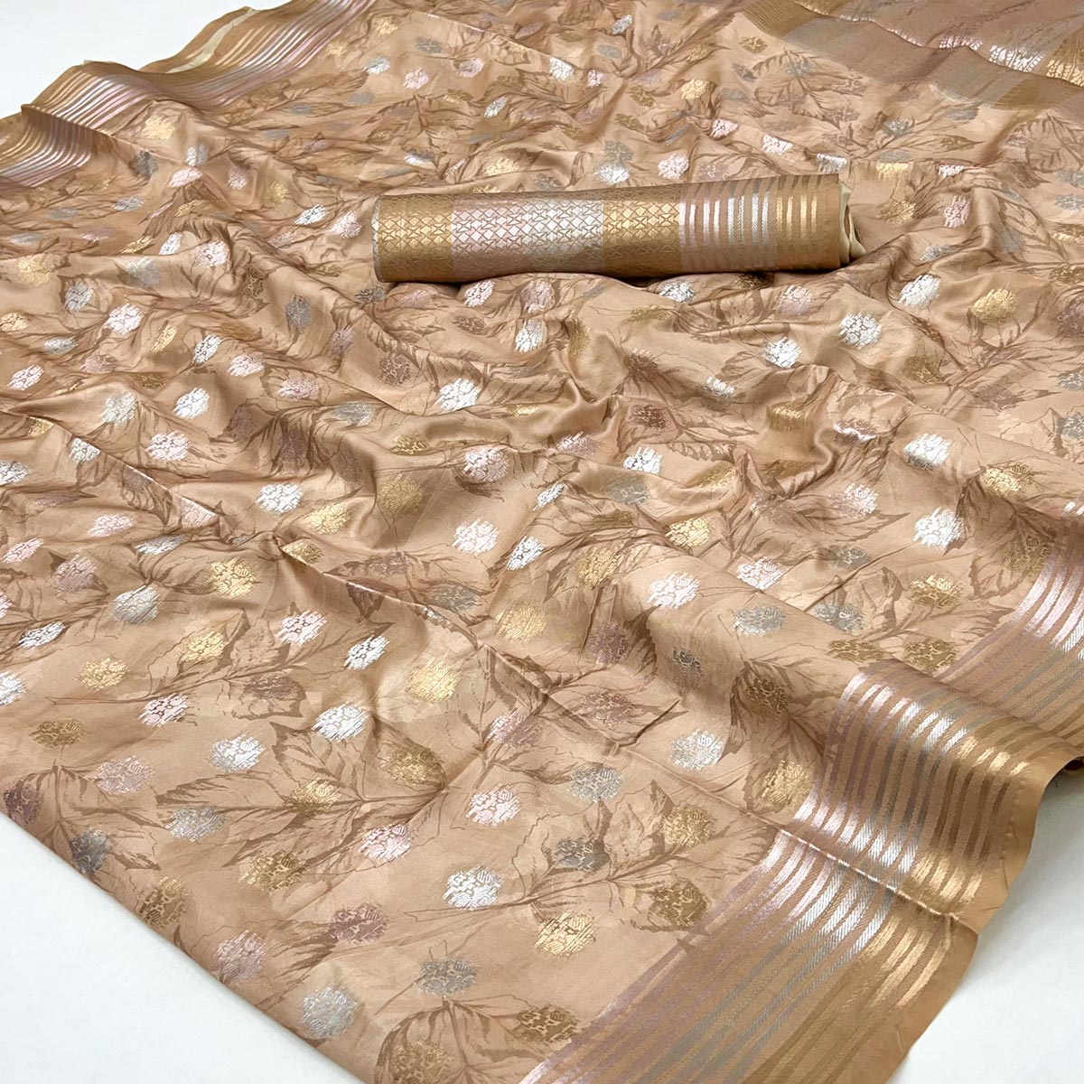 Dusty Peach Floral Motif Weaving & Artistic Digital Printed Silk Blend Saree With Tassel Pallu