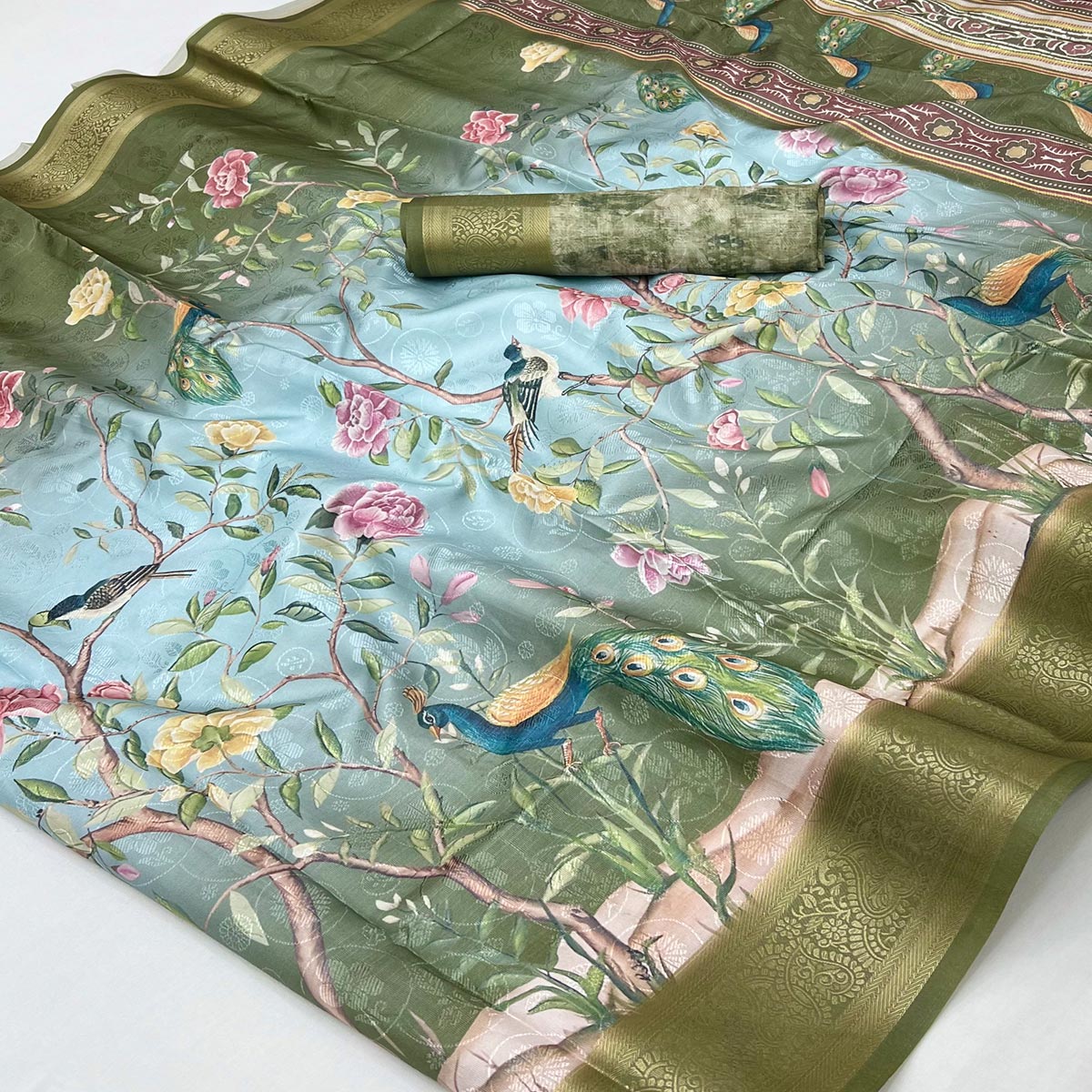 Charming Mehendi Green Weaving Silk Blend Saree Adorned With Floral & Peacock Digital Prints