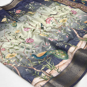 Charming Nav Blue Weaving Silk Blend Saree Adorned With Floral & Peacock Digital Prints