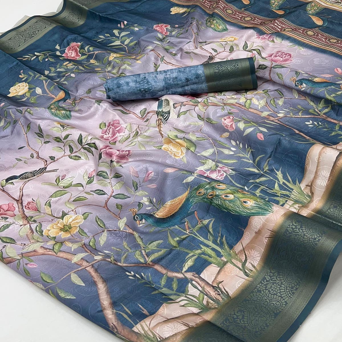 Charming Blue Weaving Silk Blend Saree Adorned With Floral & Peacock Digital Prints